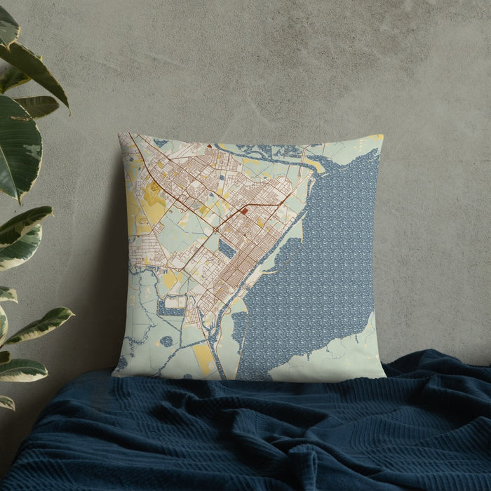 Custom Port Arthur Texas Map Throw Pillow in Woodblock on Bedding Against Wall