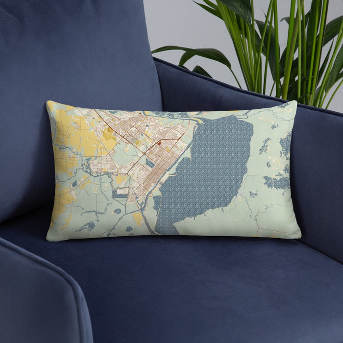 Custom Port Arthur Texas Map Throw Pillow in Woodblock on Blue Colored Chair