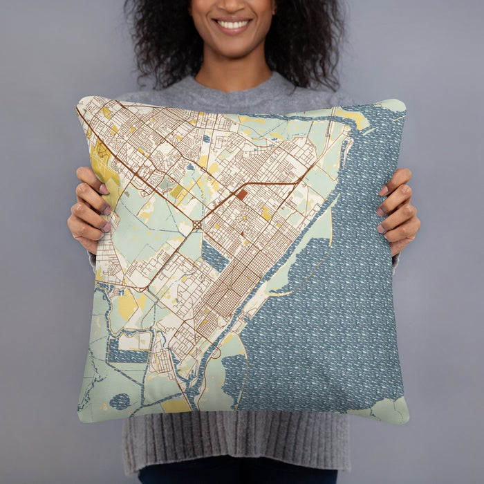 Person holding 18x18 Custom Port Arthur Texas Map Throw Pillow in Woodblock