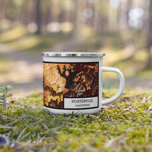 Right View Custom Porterville California Map Enamel Mug in Ember on Grass With Trees in Background