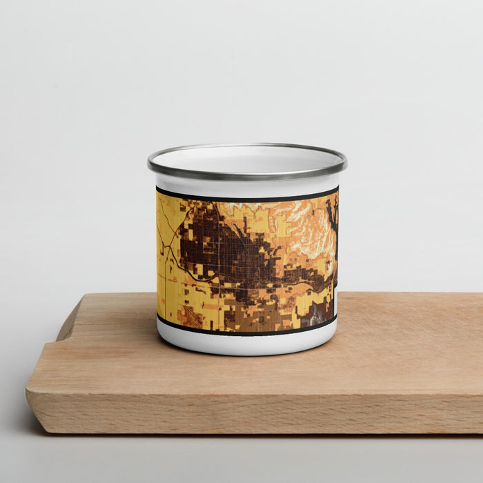 Front View Custom Porterville California Map Enamel Mug in Ember on Cutting Board