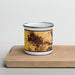 Front View Custom Porterville California Map Enamel Mug in Ember on Cutting Board