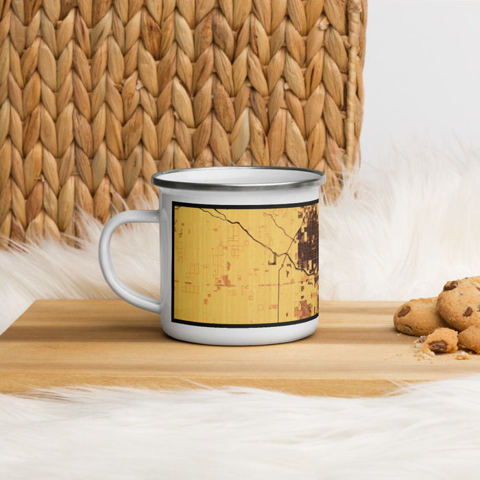 Left View Custom Porterville California Map Enamel Mug in Ember on Table Top