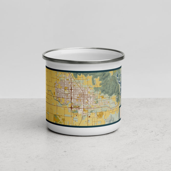 Front View Custom Porterville California Map Enamel Mug in Woodblock