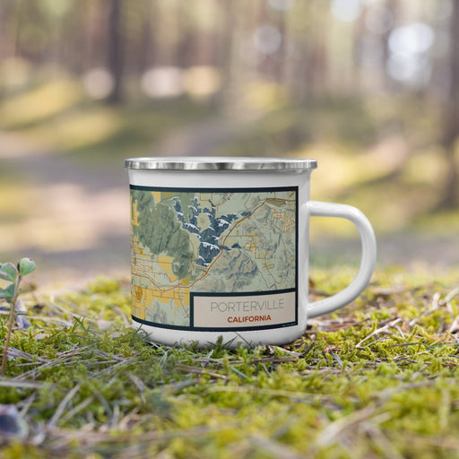 Right View Custom Porterville California Map Enamel Mug in Woodblock on Grass With Trees in Background