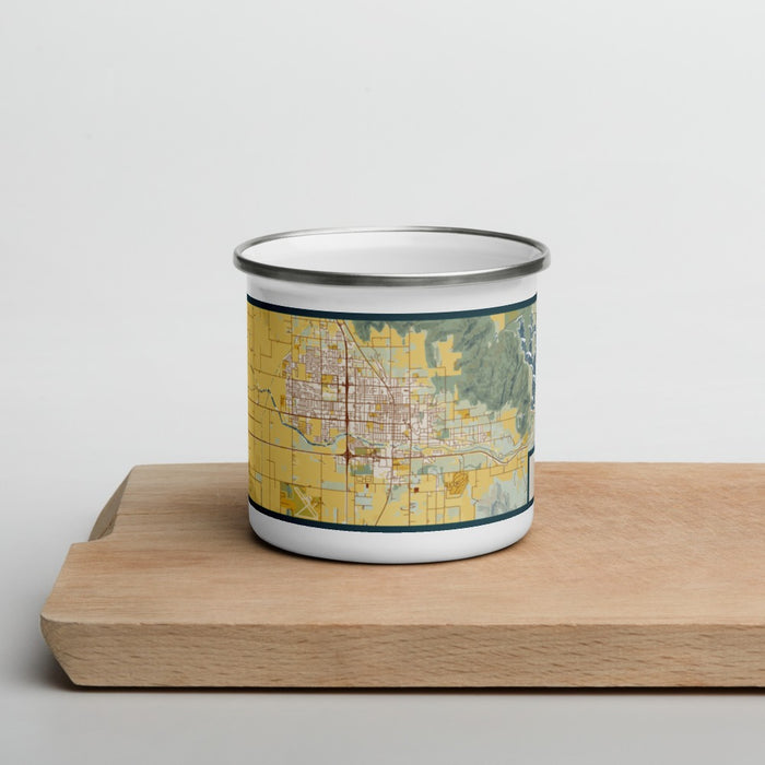 Front View Custom Porterville California Map Enamel Mug in Woodblock on Cutting Board