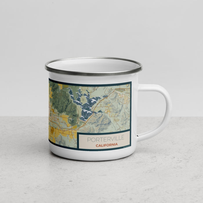 Right View Custom Porterville California Map Enamel Mug in Woodblock