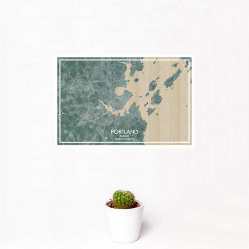 12x18 Portland Maine Map Print Landscape Orientation in Afternoon Style With Small Cactus Plant in White Planter