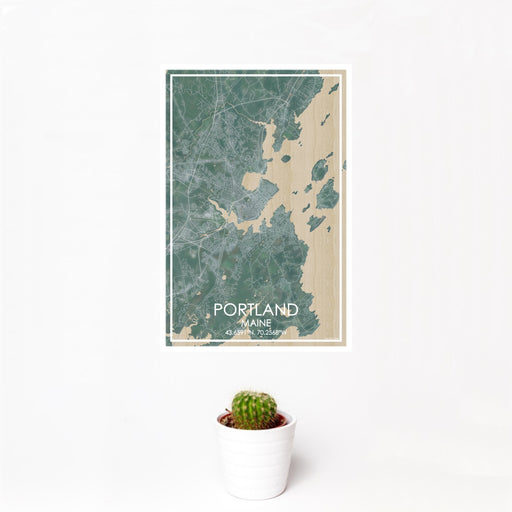 12x18 Portland Maine Map Print Portrait Orientation in Afternoon Style With Small Cactus Plant in White Planter