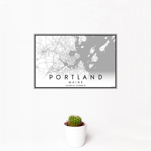 12x18 Portland Maine Map Print Landscape Orientation in Classic Style With Small Cactus Plant in White Planter