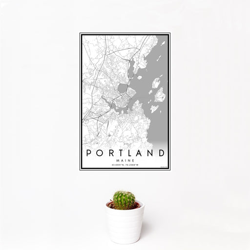 12x18 Portland Maine Map Print Portrait Orientation in Classic Style With Small Cactus Plant in White Planter