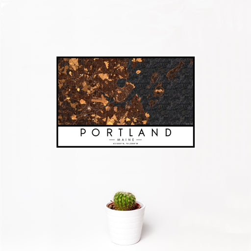 12x18 Portland Maine Map Print Landscape Orientation in Ember Style With Small Cactus Plant in White Planter