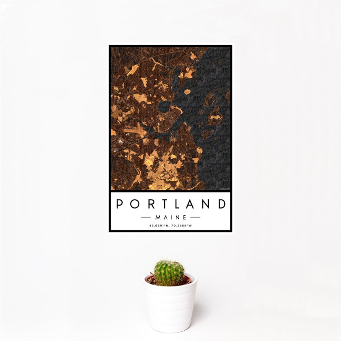 12x18 Portland Maine Map Print Portrait Orientation in Ember Style With Small Cactus Plant in White Planter