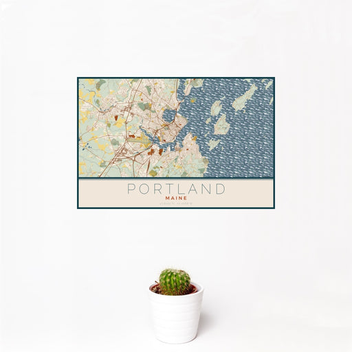12x18 Portland Maine Map Print Landscape Orientation in Woodblock Style With Small Cactus Plant in White Planter