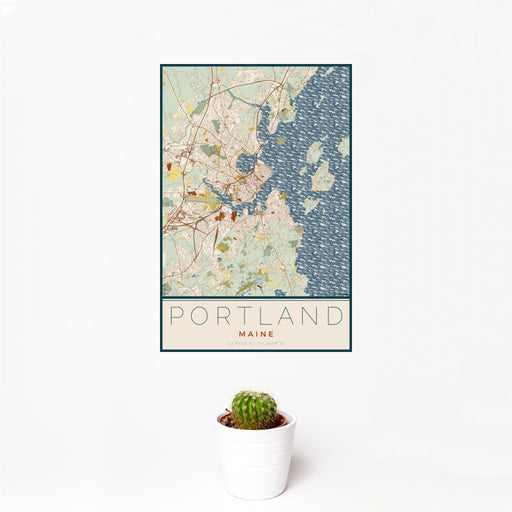 12x18 Portland Maine Map Print Portrait Orientation in Woodblock Style With Small Cactus Plant in White Planter