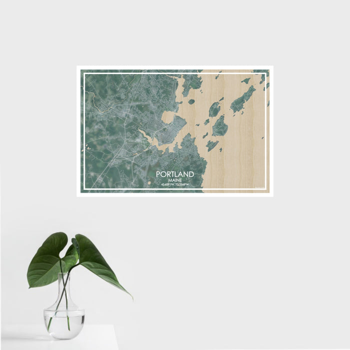 16x24 Portland Maine Map Print Landscape Orientation in Afternoon Style With Tropical Plant Leaves in Water