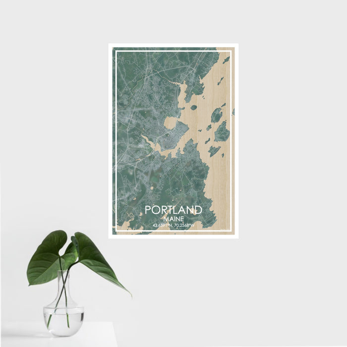 16x24 Portland Maine Map Print Portrait Orientation in Afternoon Style With Tropical Plant Leaves in Water