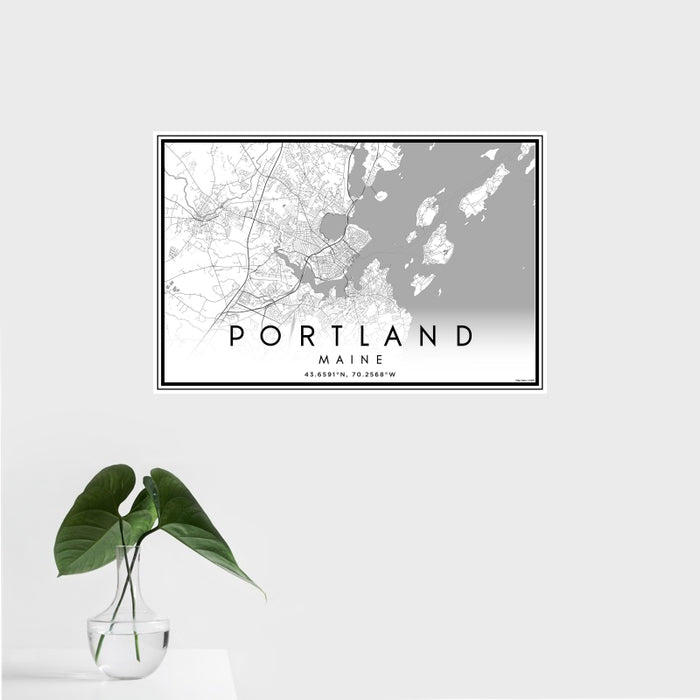 16x24 Portland Maine Map Print Landscape Orientation in Classic Style With Tropical Plant Leaves in Water