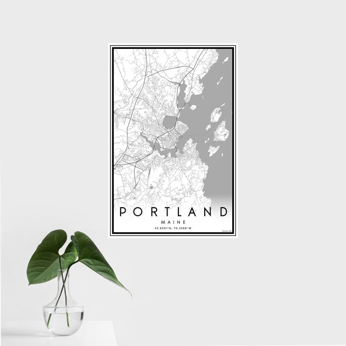 16x24 Portland Maine Map Print Portrait Orientation in Classic Style With Tropical Plant Leaves in Water