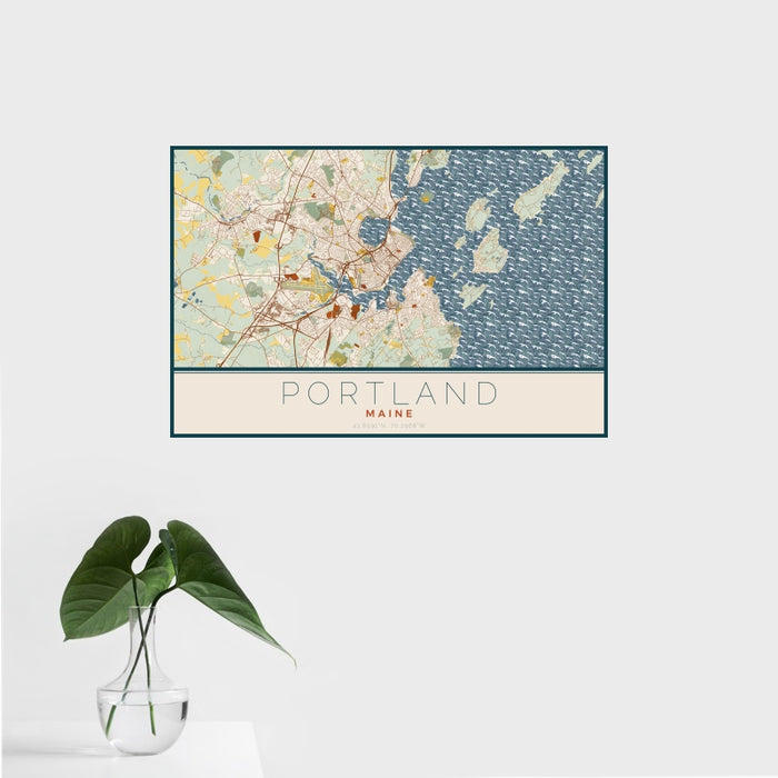 16x24 Portland Maine Map Print Landscape Orientation in Woodblock Style With Tropical Plant Leaves in Water