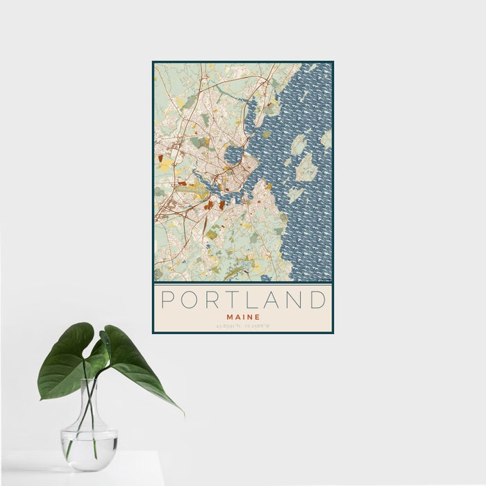 16x24 Portland Maine Map Print Portrait Orientation in Woodblock Style With Tropical Plant Leaves in Water