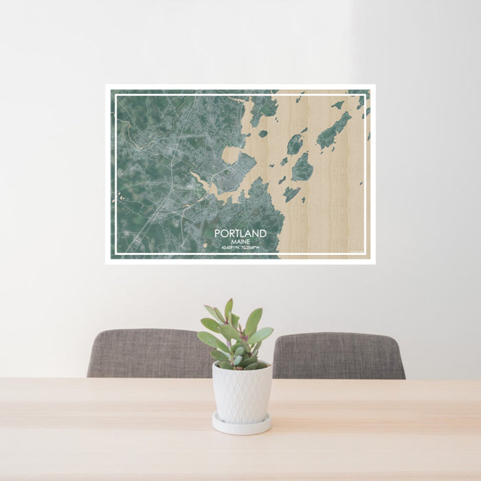 24x36 Portland Maine Map Print Lanscape Orientation in Afternoon Style Behind 2 Chairs Table and Potted Plant