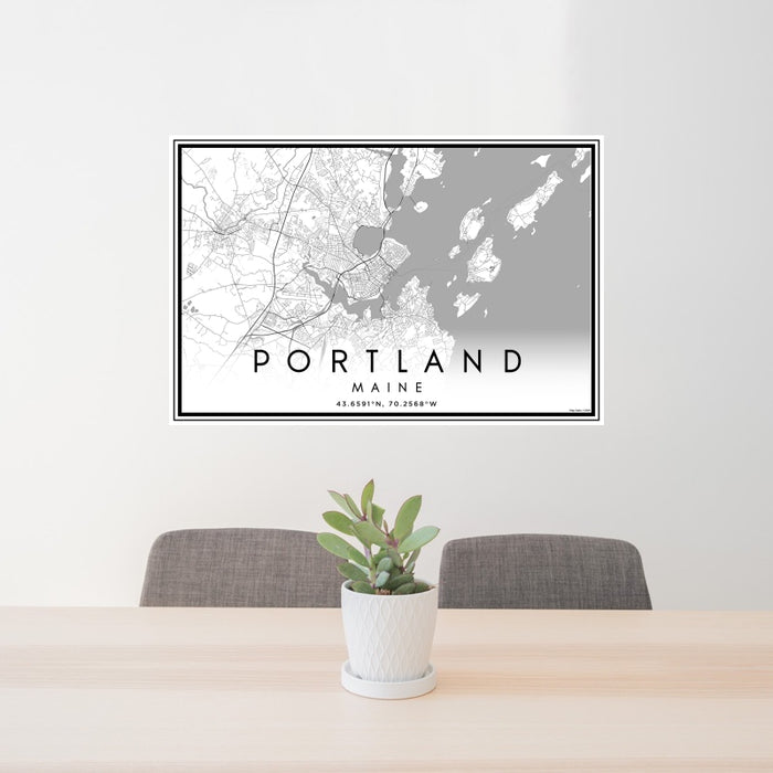 24x36 Portland Maine Map Print Lanscape Orientation in Classic Style Behind 2 Chairs Table and Potted Plant