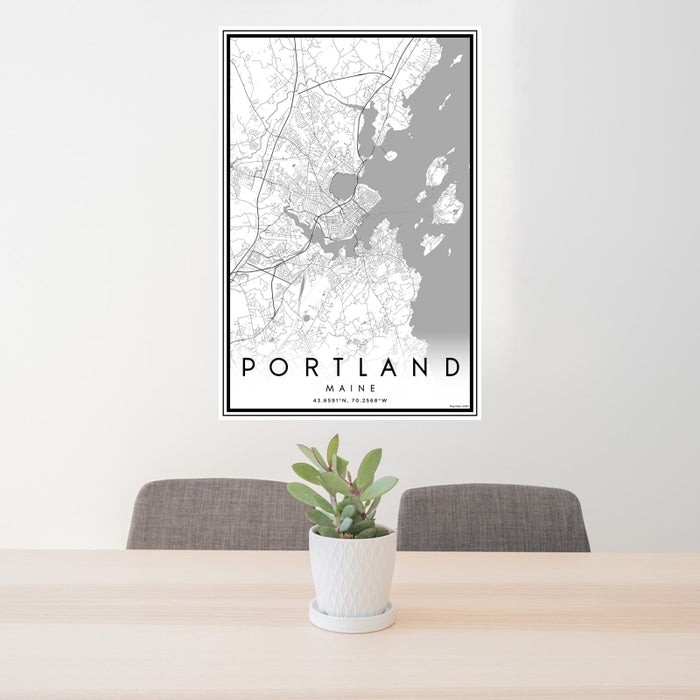 24x36 Portland Maine Map Print Portrait Orientation in Classic Style Behind 2 Chairs Table and Potted Plant