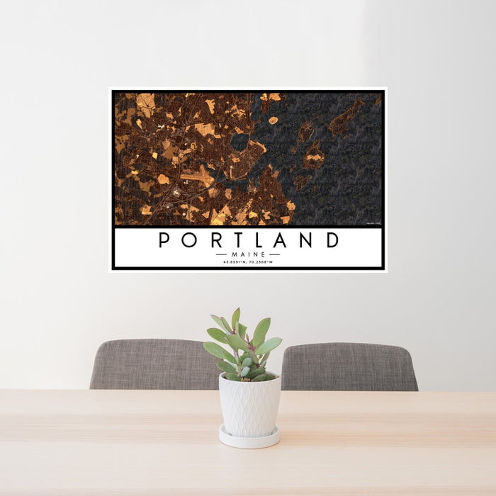 24x36 Portland Maine Map Print Lanscape Orientation in Ember Style Behind 2 Chairs Table and Potted Plant