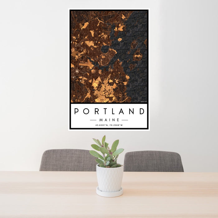 24x36 Portland Maine Map Print Portrait Orientation in Ember Style Behind 2 Chairs Table and Potted Plant