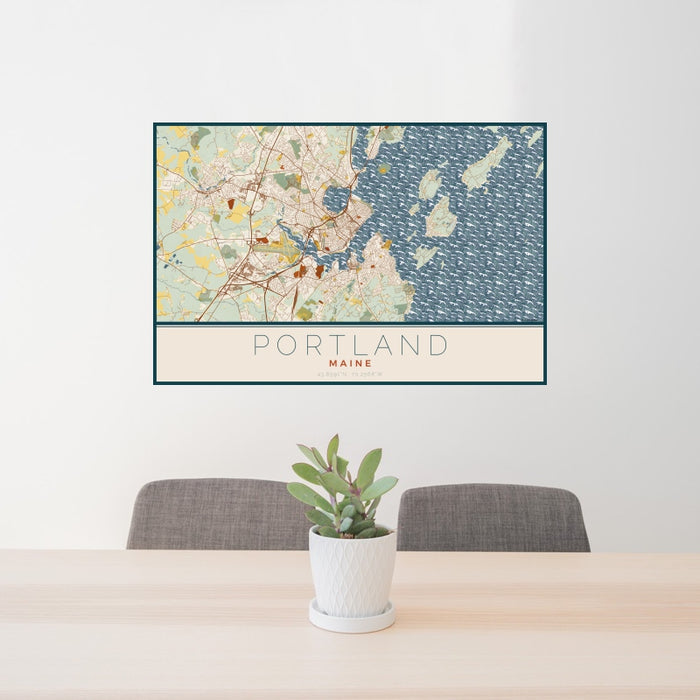 24x36 Portland Maine Map Print Lanscape Orientation in Woodblock Style Behind 2 Chairs Table and Potted Plant