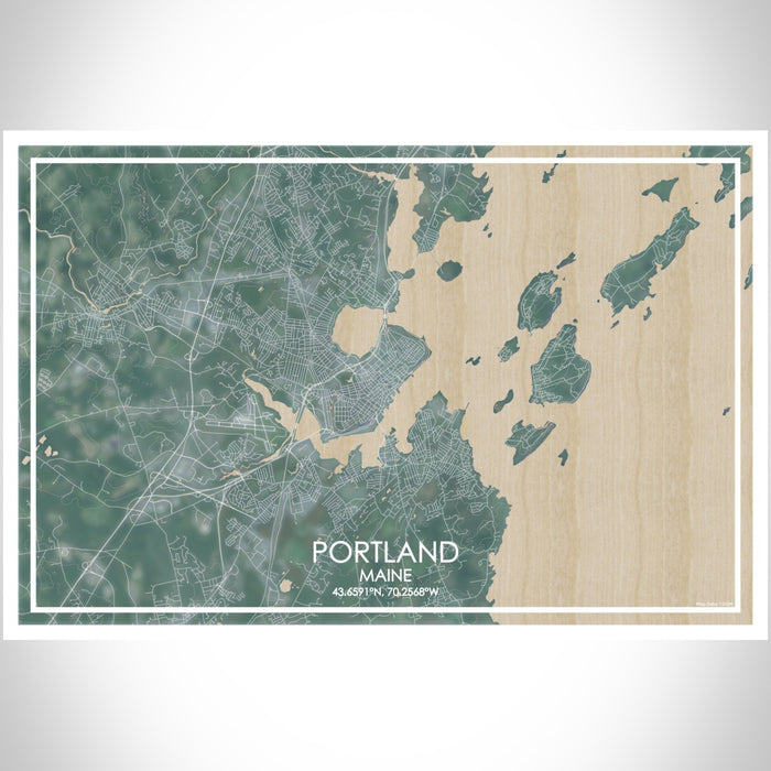 Portland Maine Map Print Landscape Orientation in Afternoon Style With Shaded Background