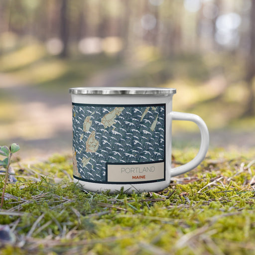 Right View Custom Portland Maine Map Enamel Mug in Woodblock on Grass With Trees in Background