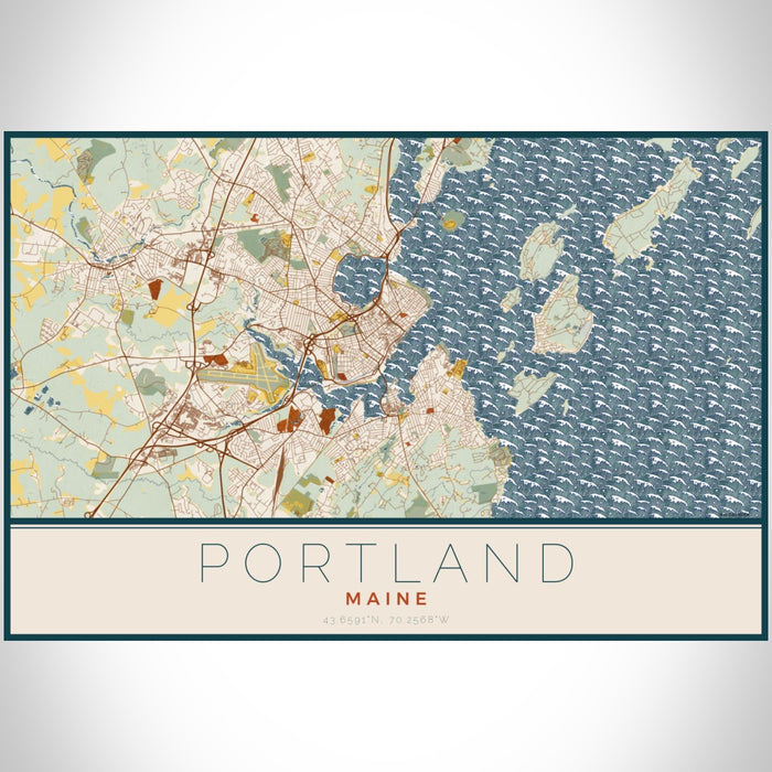 Portland Maine Map Print Landscape Orientation in Woodblock Style With Shaded Background
