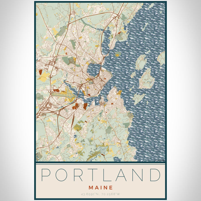 Portland Maine Map Print Portrait Orientation in Woodblock Style With Shaded Background
