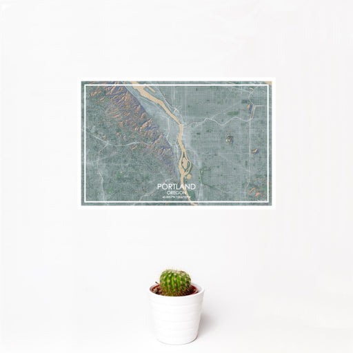 12x18 Portland Oregon Map Print Landscape Orientation in Afternoon Style With Small Cactus Plant in White Planter