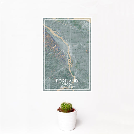 12x18 Portland Oregon Map Print Portrait Orientation in Afternoon Style With Small Cactus Plant in White Planter