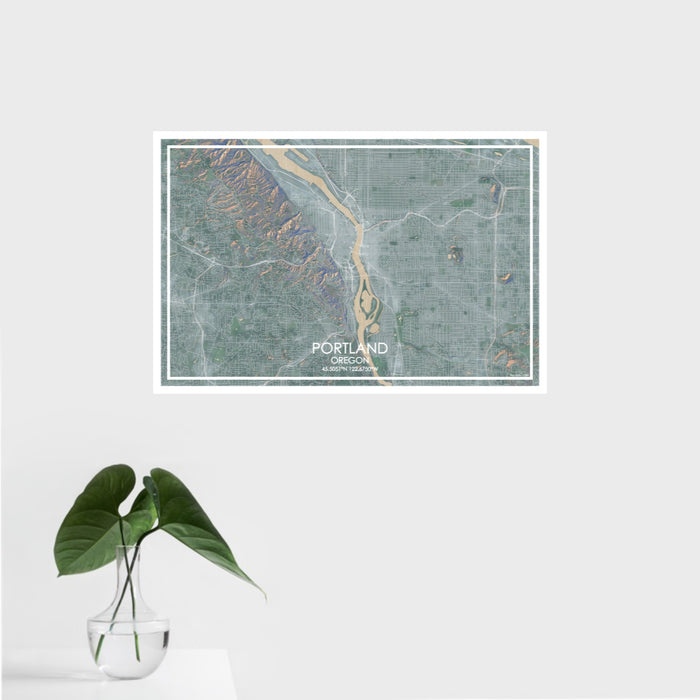 16x24 Portland Oregon Map Print Landscape Orientation in Afternoon Style With Tropical Plant Leaves in Water