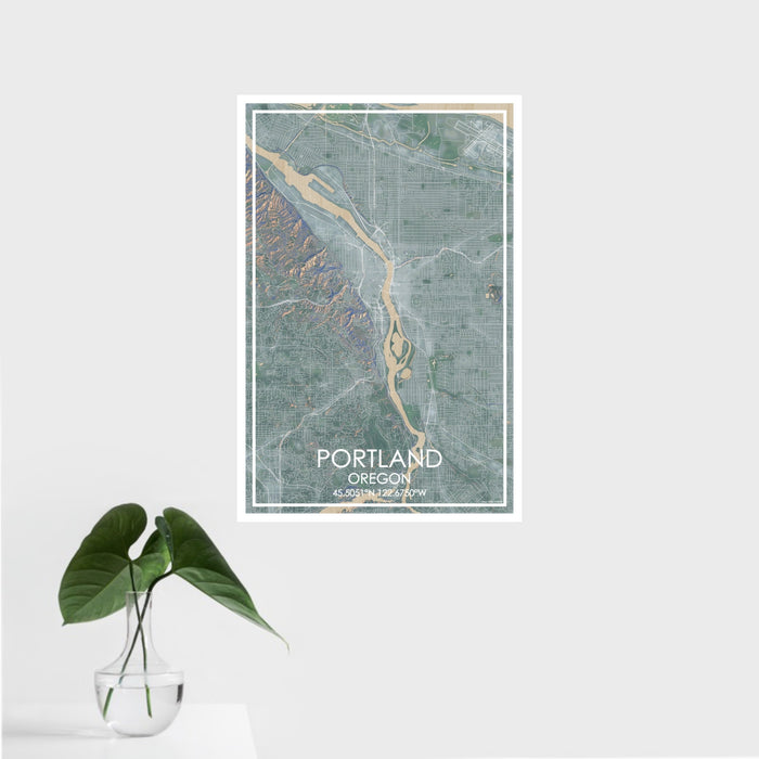 16x24 Portland Oregon Map Print Portrait Orientation in Afternoon Style With Tropical Plant Leaves in Water