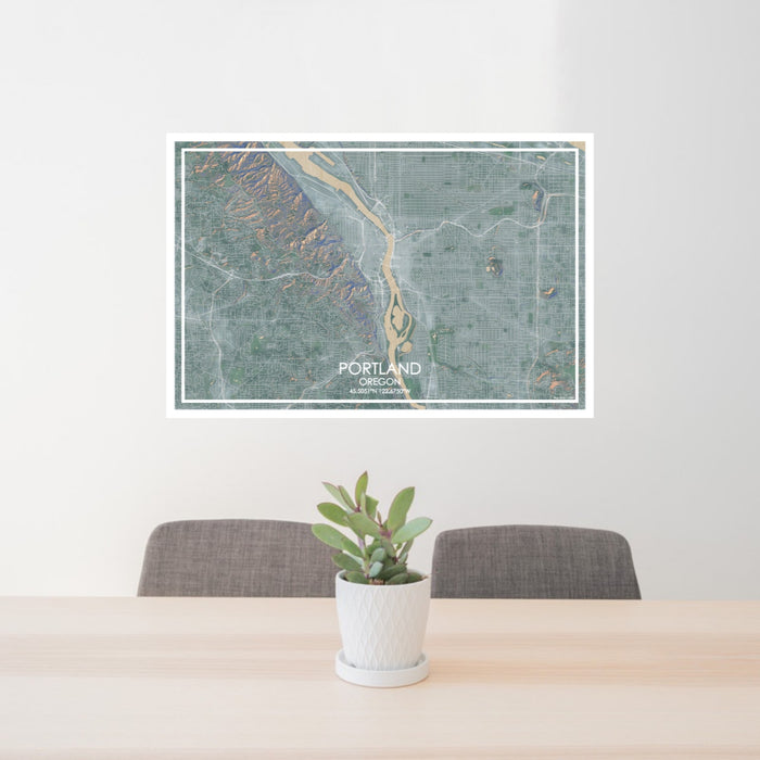 24x36 Portland Oregon Map Print Lanscape Orientation in Afternoon Style Behind 2 Chairs Table and Potted Plant