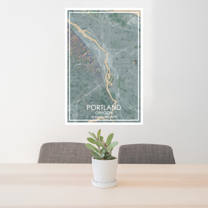 24x36 Portland Oregon Map Print Portrait Orientation in Afternoon Style Behind 2 Chairs Table and Potted Plant
