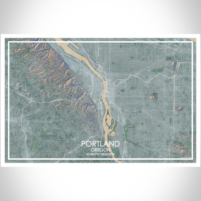 Portland Oregon Map Print Landscape Orientation in Afternoon Style With Shaded Background