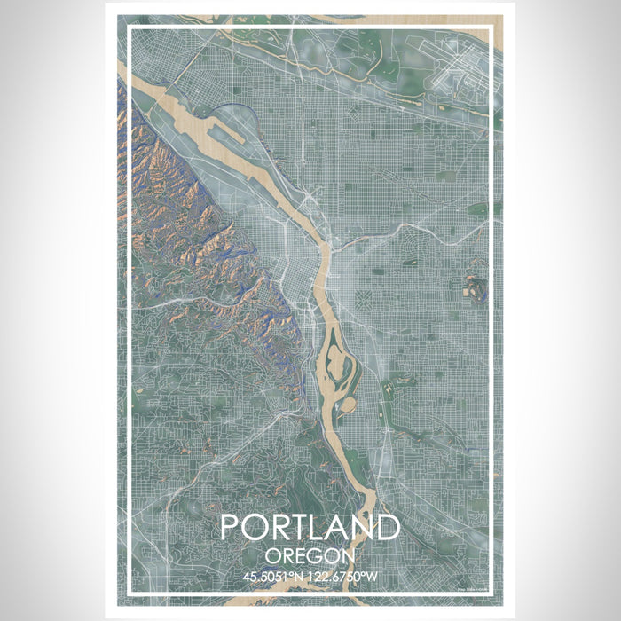 Portland Oregon Map Print Portrait Orientation in Afternoon Style With Shaded Background