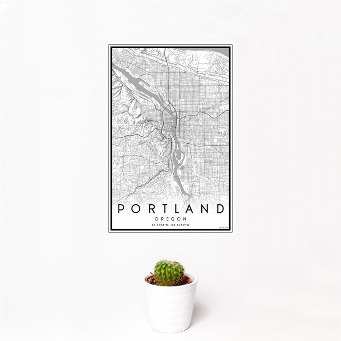 12x18 Portland Oregon Map Print Portrait Orientation in Classic Style With Small Cactus Plant in White Planter