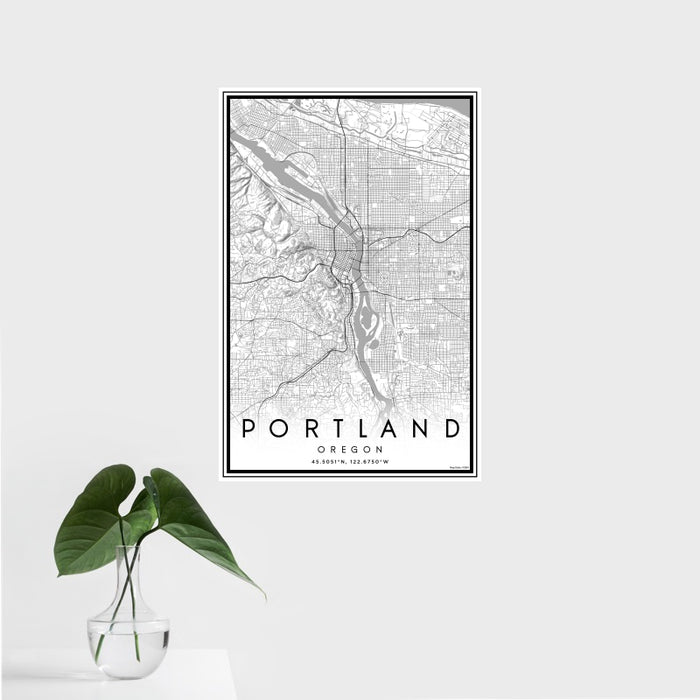 16x24 Portland Oregon Map Print Portrait Orientation in Classic Style With Tropical Plant Leaves in Water