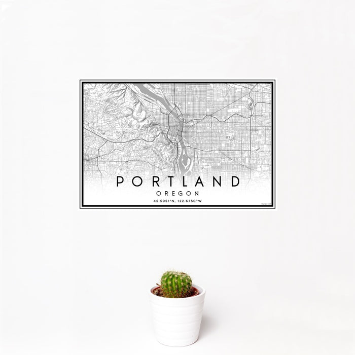 12x18 Portland Oregon Map Print Landscape Orientation in Classic Style With Small Cactus Plant in White Planter