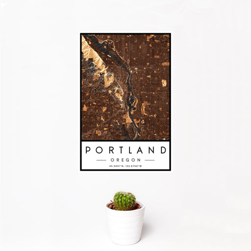 12x18 Portland Oregon Map Print Portrait Orientation in Ember Style With Small Cactus Plant in White Planter