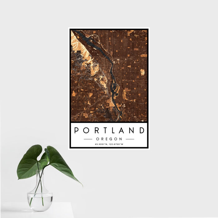 16x24 Portland Oregon Map Print Portrait Orientation in Ember Style With Tropical Plant Leaves in Water