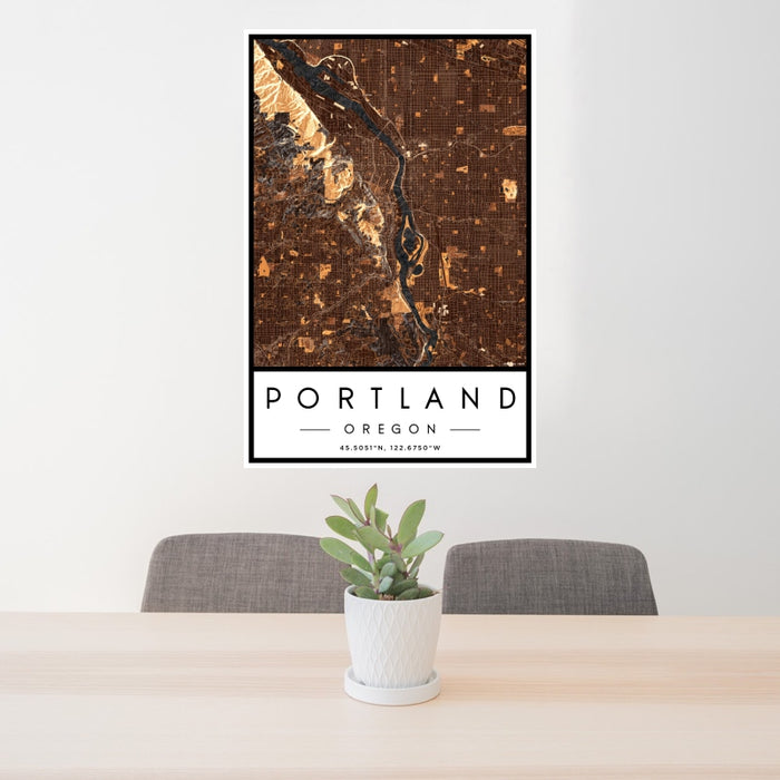 24x36 Portland Oregon Map Print Portrait Orientation in Ember Style Behind 2 Chairs Table and Potted Plant