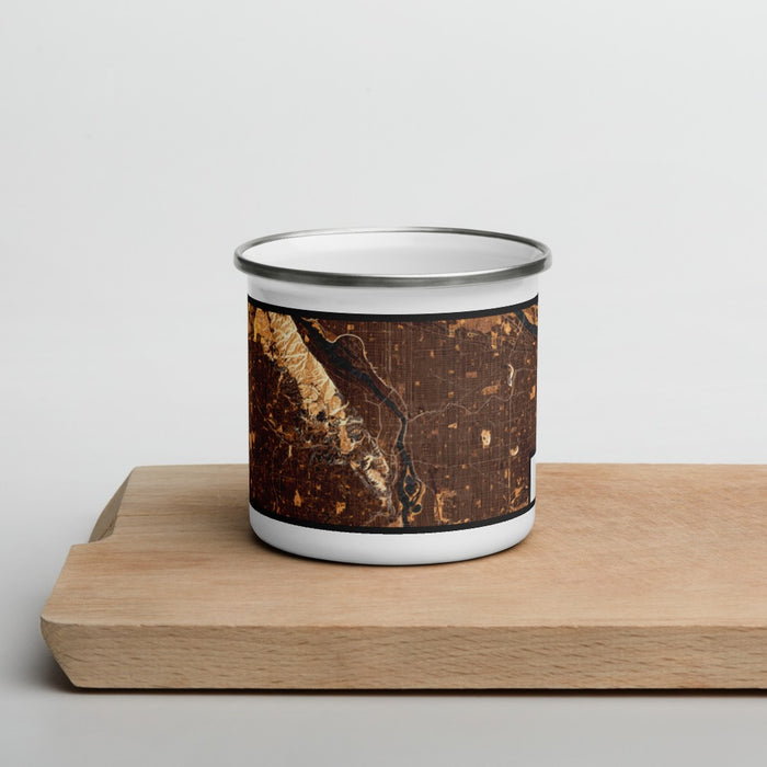 Front View Custom Portland Oregon Map Enamel Mug in Ember on Cutting Board